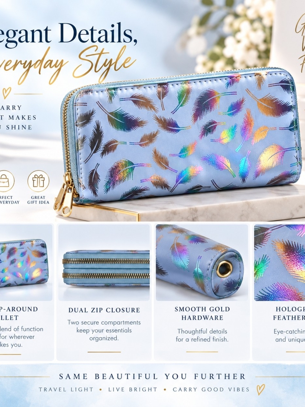 Holographic Feather Zip-Around Card Holder Wallet - Light Blue